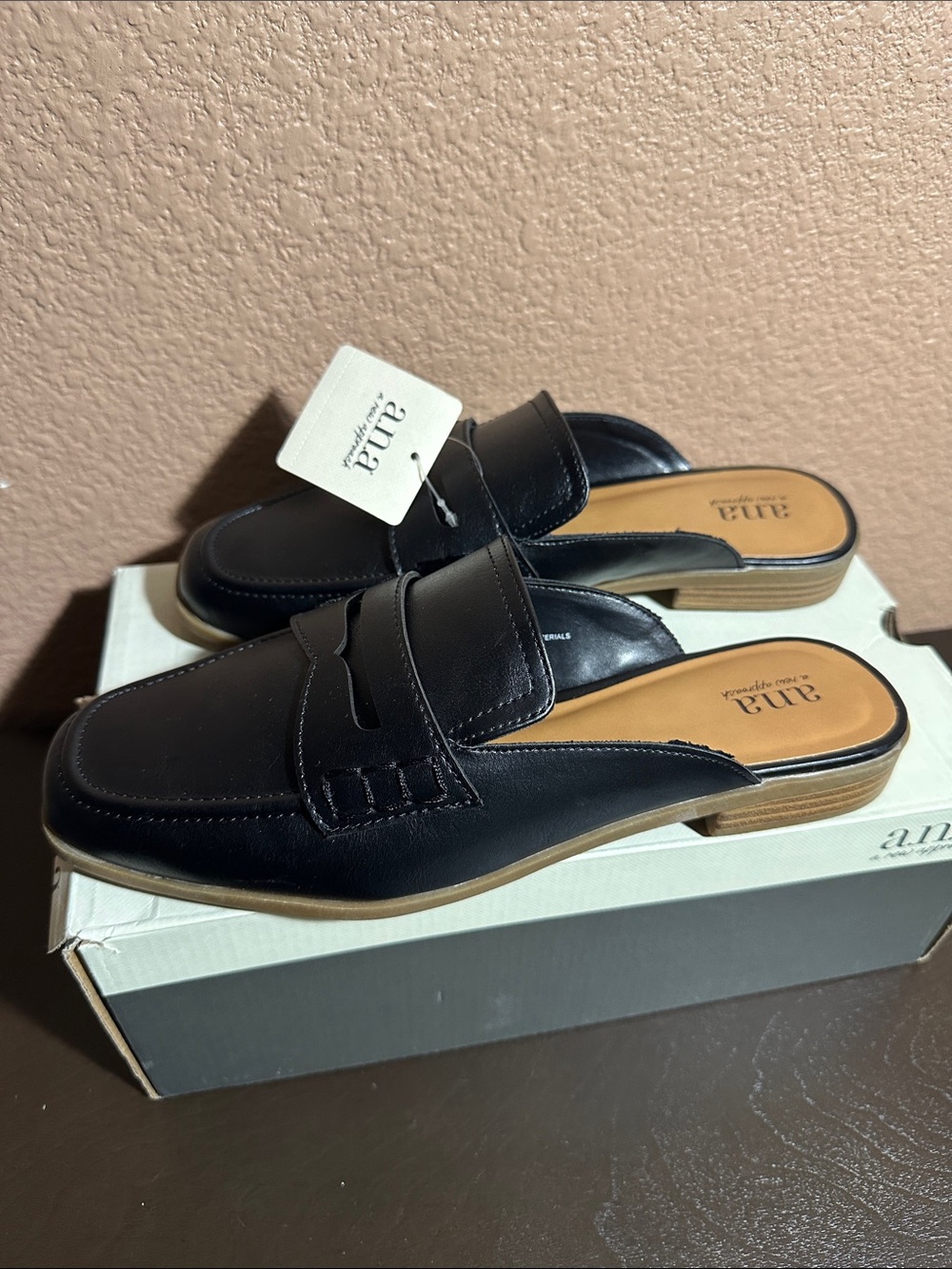 NWT a.n.a Black Slip-On Mule Loafers with Tan Insole